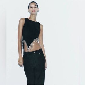 Zara Asymmetrical Black Knit Sleeveless Top with Rhinestones